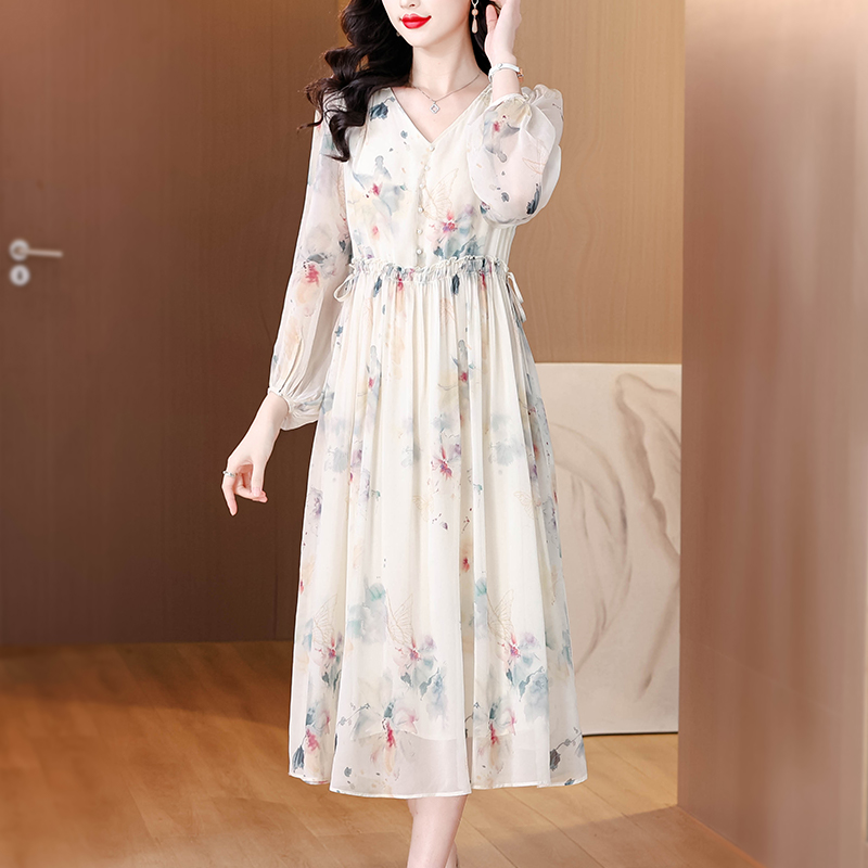 France style floral silk show young real silk summer dress