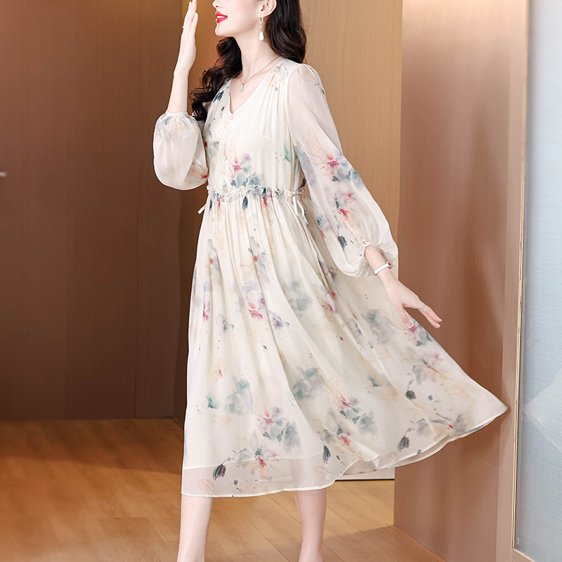 France style floral silk show young real silk summer dress