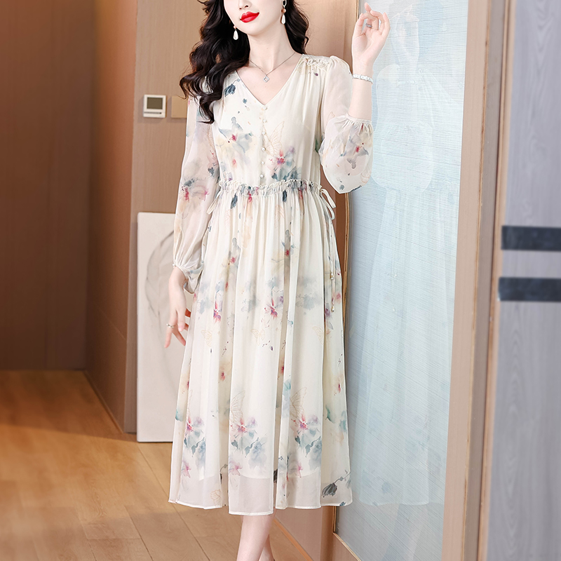 France style floral silk show young real silk summer dress