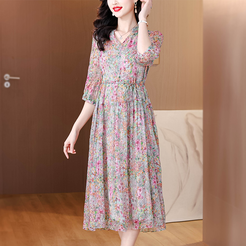 Summer long unique real silk vacation dress
