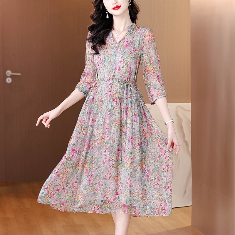 Summer long unique real silk vacation dress