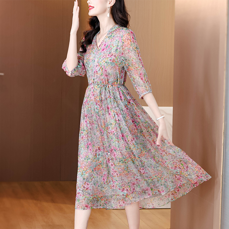 Summer long unique real silk vacation dress