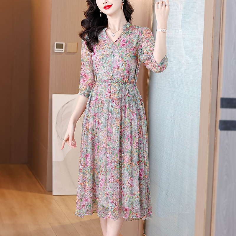 Summer long unique real silk vacation dress