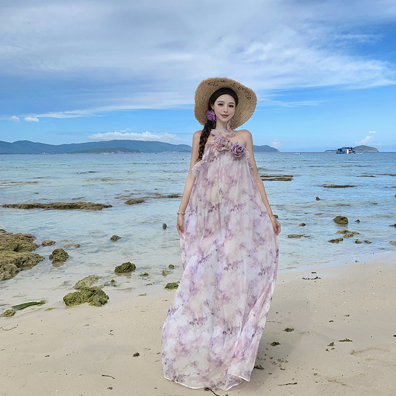 Halter lotus leaf edges rose printing vacation dress
