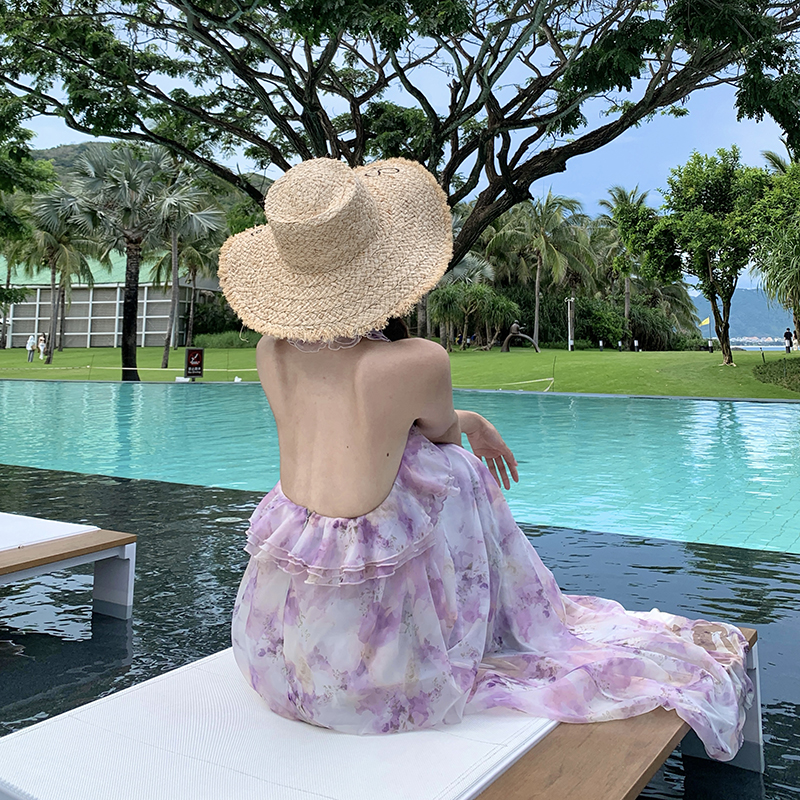 Halter lotus leaf edges rose printing vacation dress