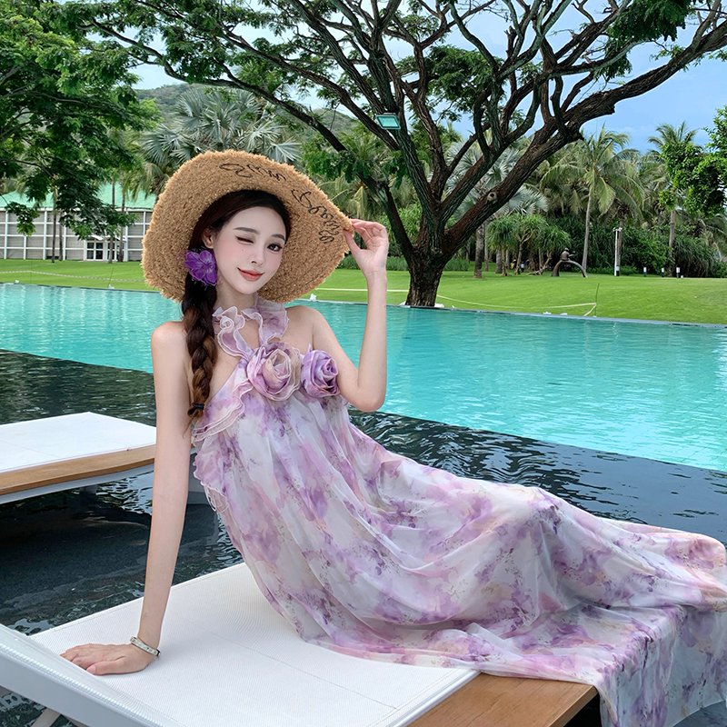 Halter lotus leaf edges rose printing vacation dress