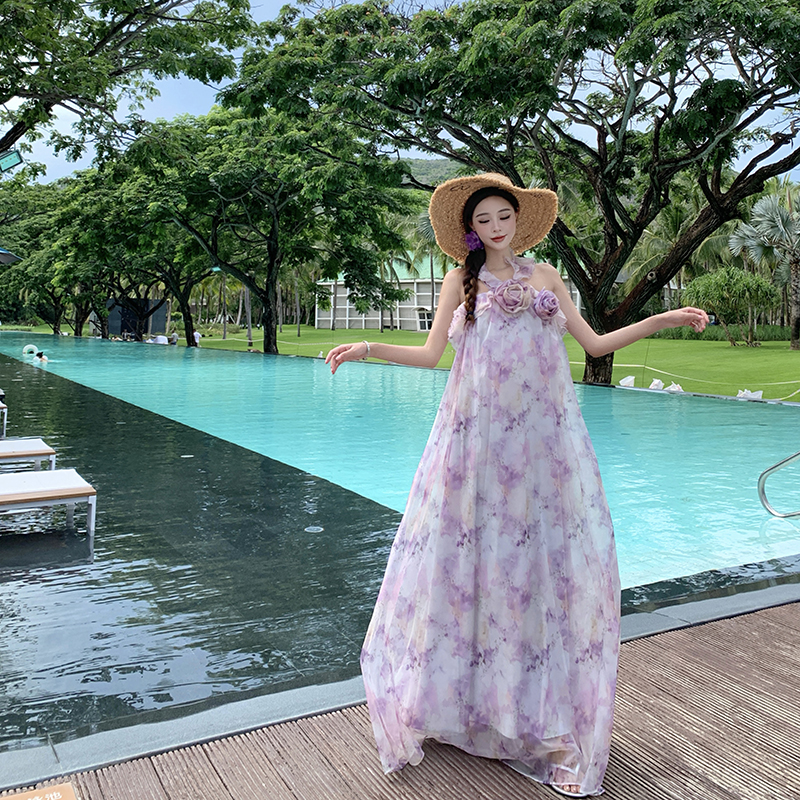 Halter lotus leaf edges rose printing vacation dress