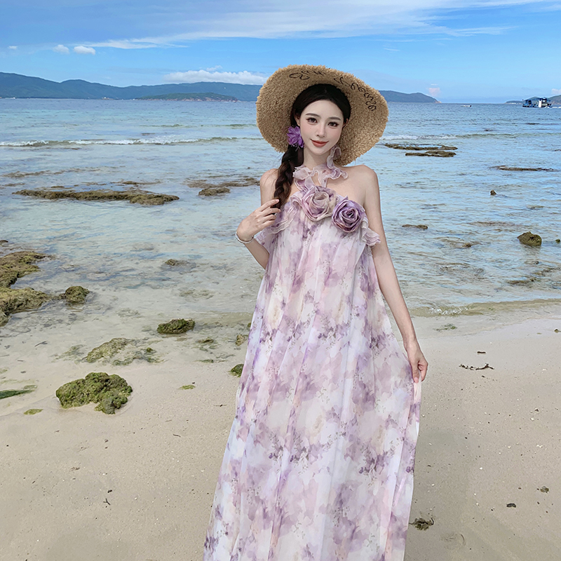 Halter lotus leaf edges rose printing vacation dress