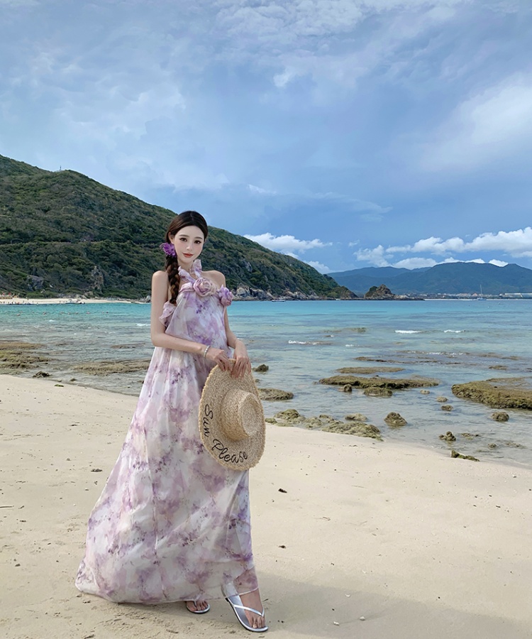 Halter lotus leaf edges rose printing vacation dress