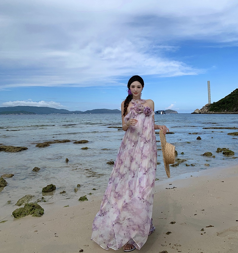 Halter lotus leaf edges rose printing vacation dress