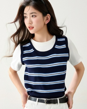 Summer knitted slim splice stripe Western style T-shirt
