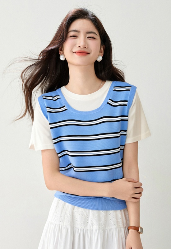 Summer knitted slim splice stripe Western style T-shirt
