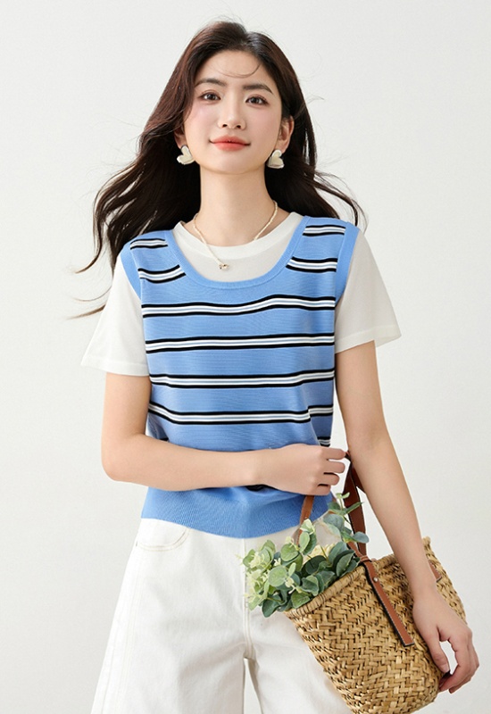 Summer knitted slim splice stripe Western style T-shirt