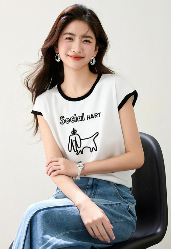 Round neck short sleeve T-shirt embroidery letters tops