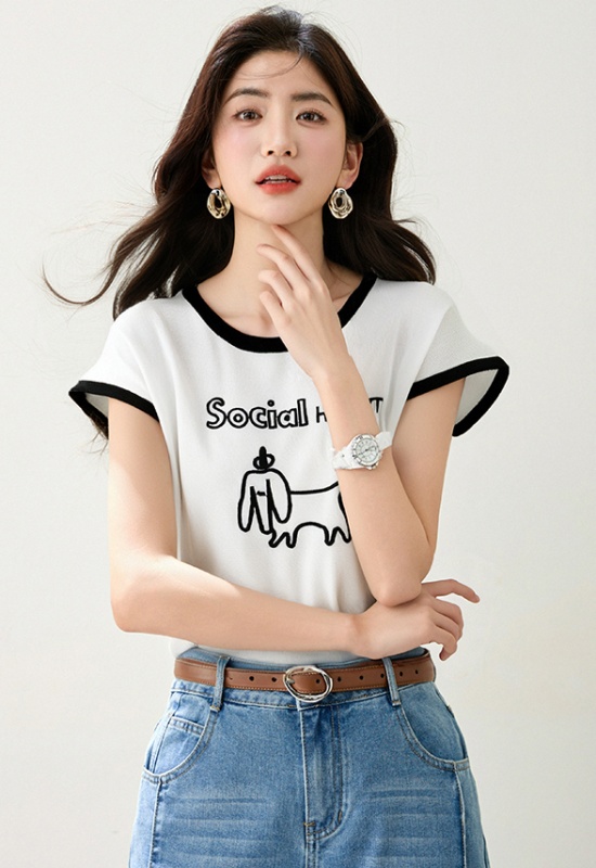 Round neck short sleeve T-shirt embroidery letters tops