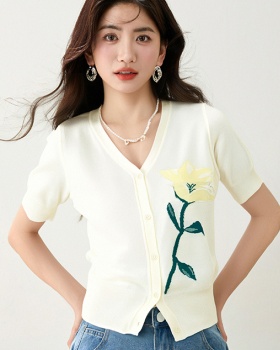 Temperament mixed colors sweater short sleeve V-neck tops