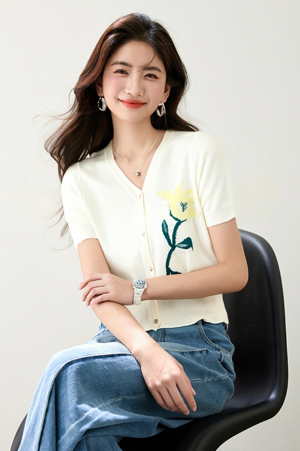 Temperament mixed colors sweater short sleeve V-neck tops