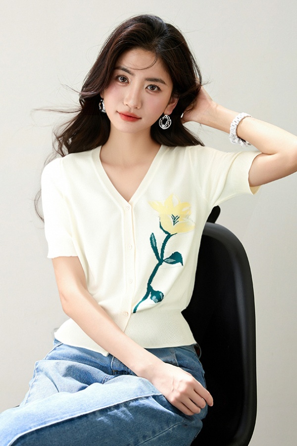Temperament mixed colors sweater short sleeve V-neck tops