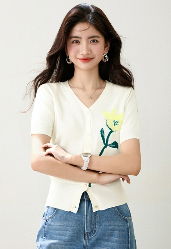 Temperament mixed colors sweater short sleeve V-neck tops