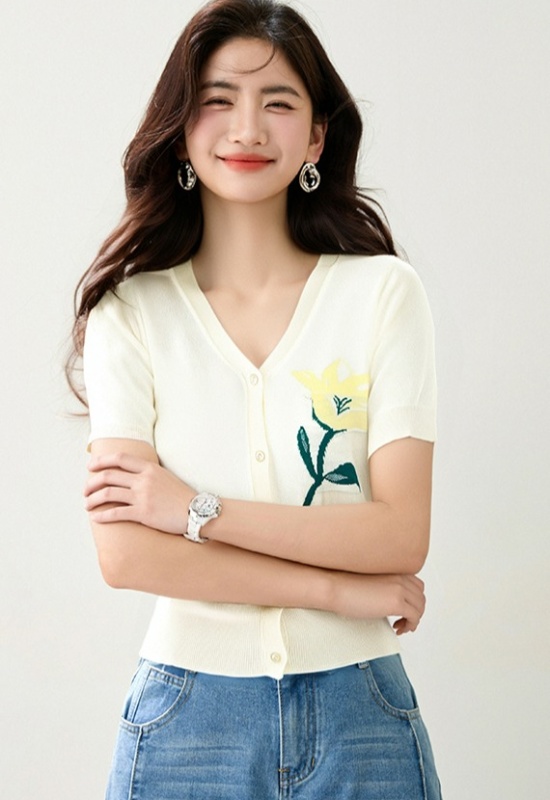 Temperament mixed colors sweater short sleeve V-neck tops