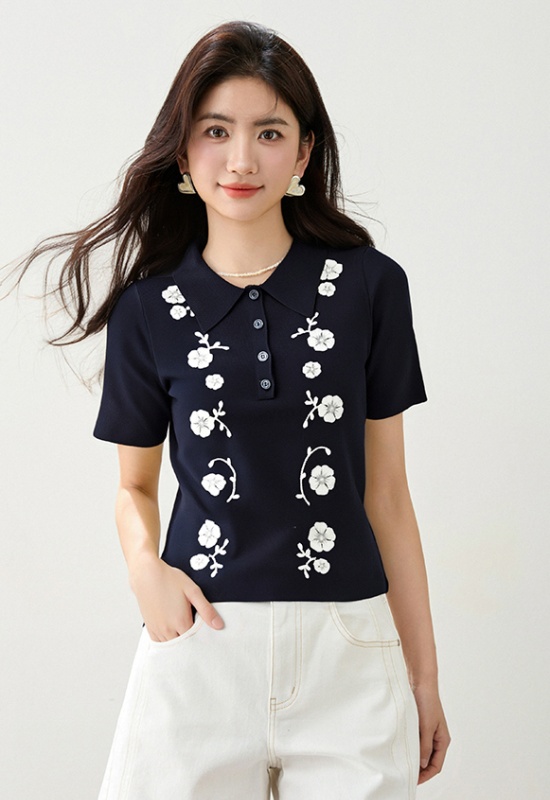 Flowers stereoscopic tops France style embroidery T-shirt