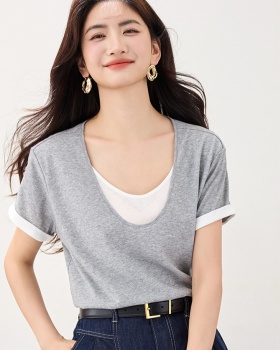 V-neck summer tops Pseudo-two all-match T-shirt