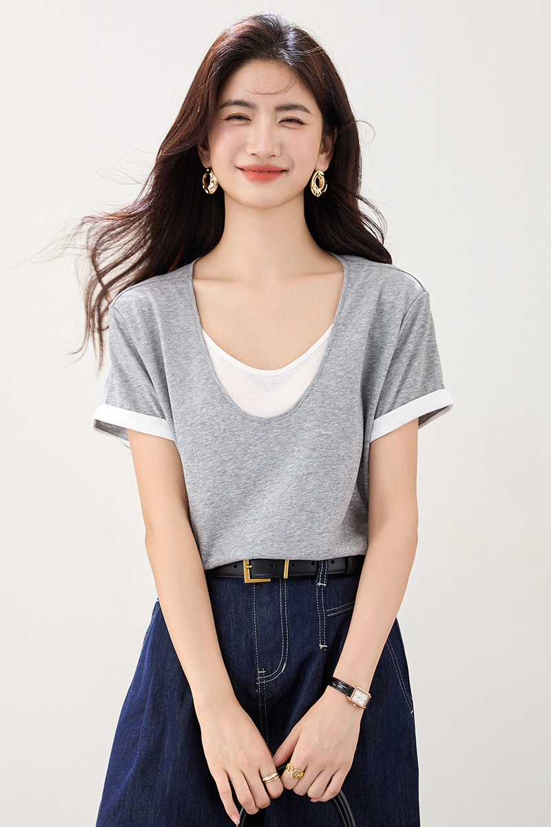 V-neck summer tops Pseudo-two all-match T-shirt