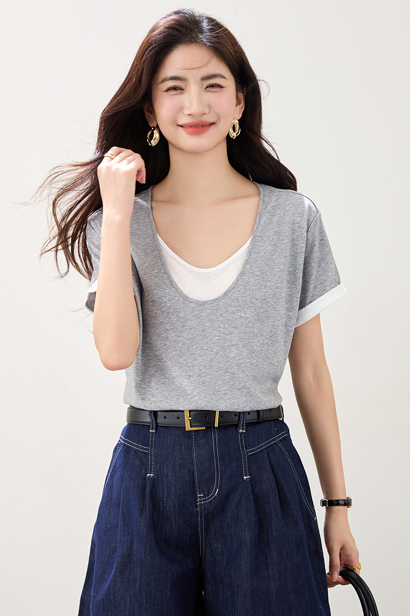 V-neck summer tops Pseudo-two all-match T-shirt