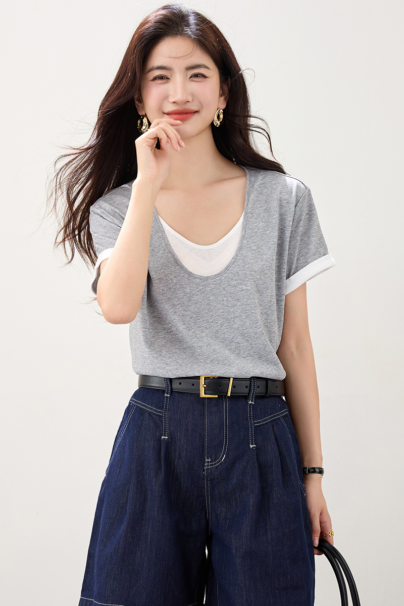 V-neck summer tops Pseudo-two all-match T-shirt