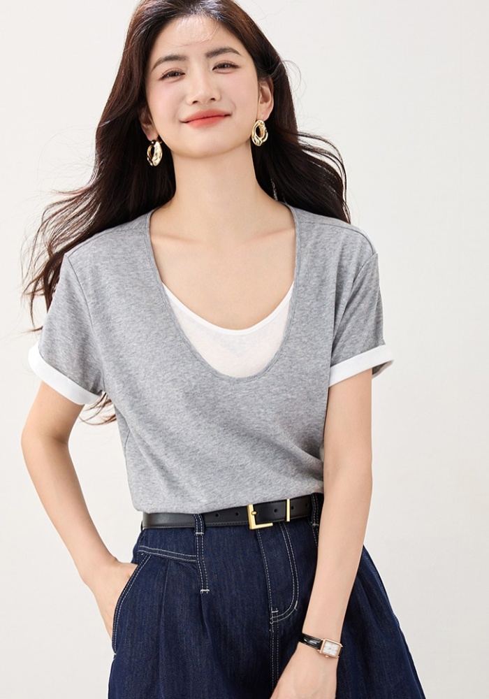V-neck summer tops Pseudo-two all-match T-shirt