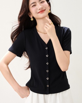 Summer thin T-shirt V-neck black tops for women