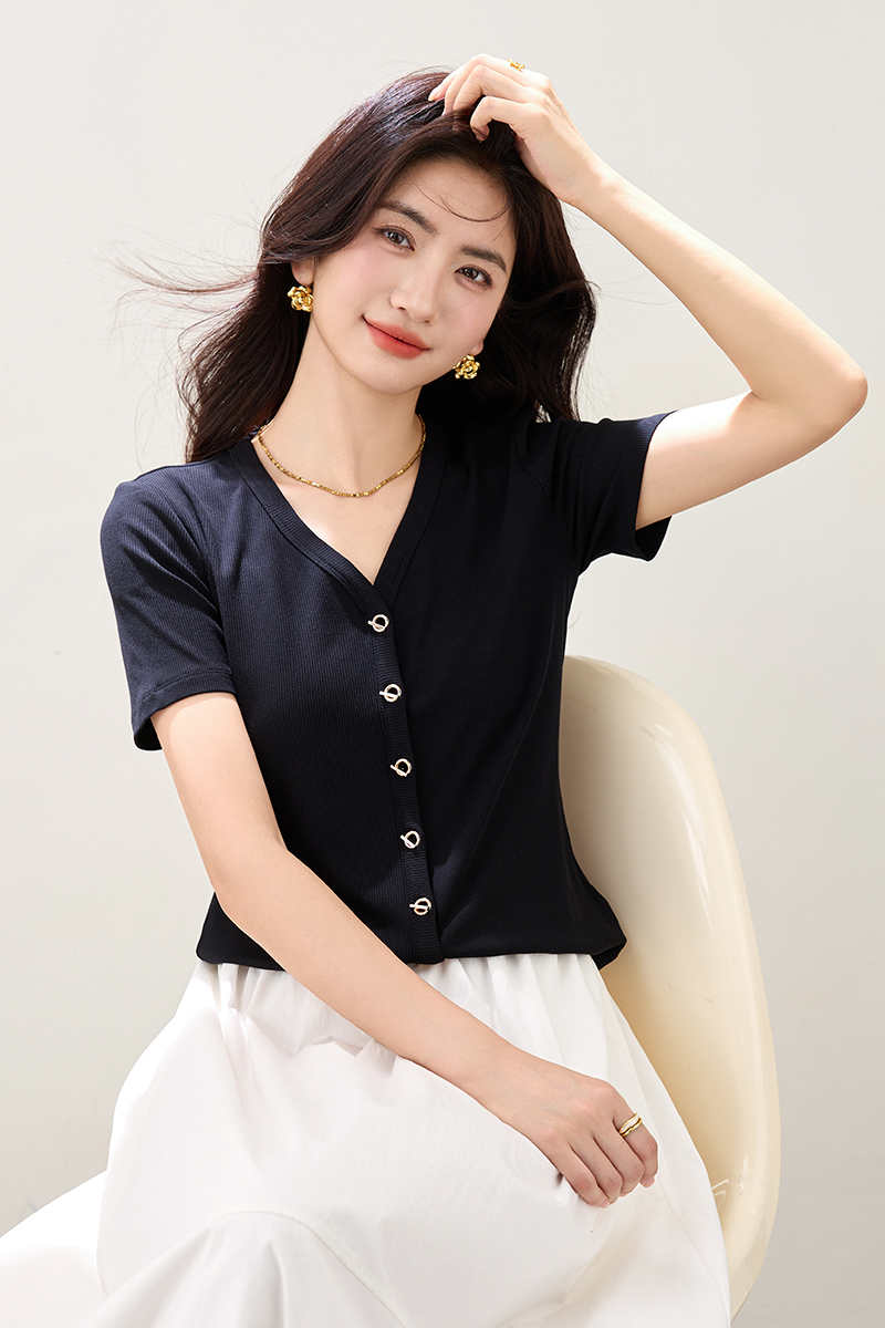 Summer thin T-shirt V-neck black tops for women