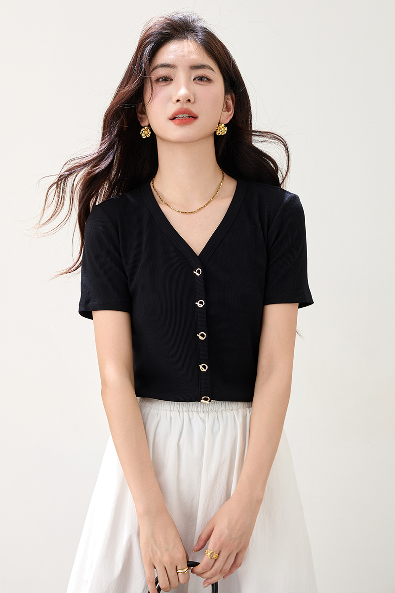 Summer thin T-shirt V-neck black tops for women