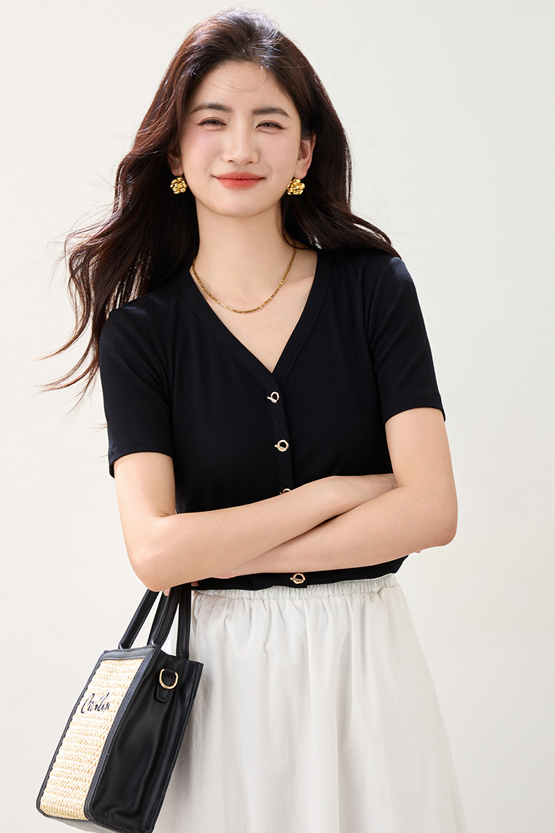 Summer thin T-shirt V-neck black tops for women