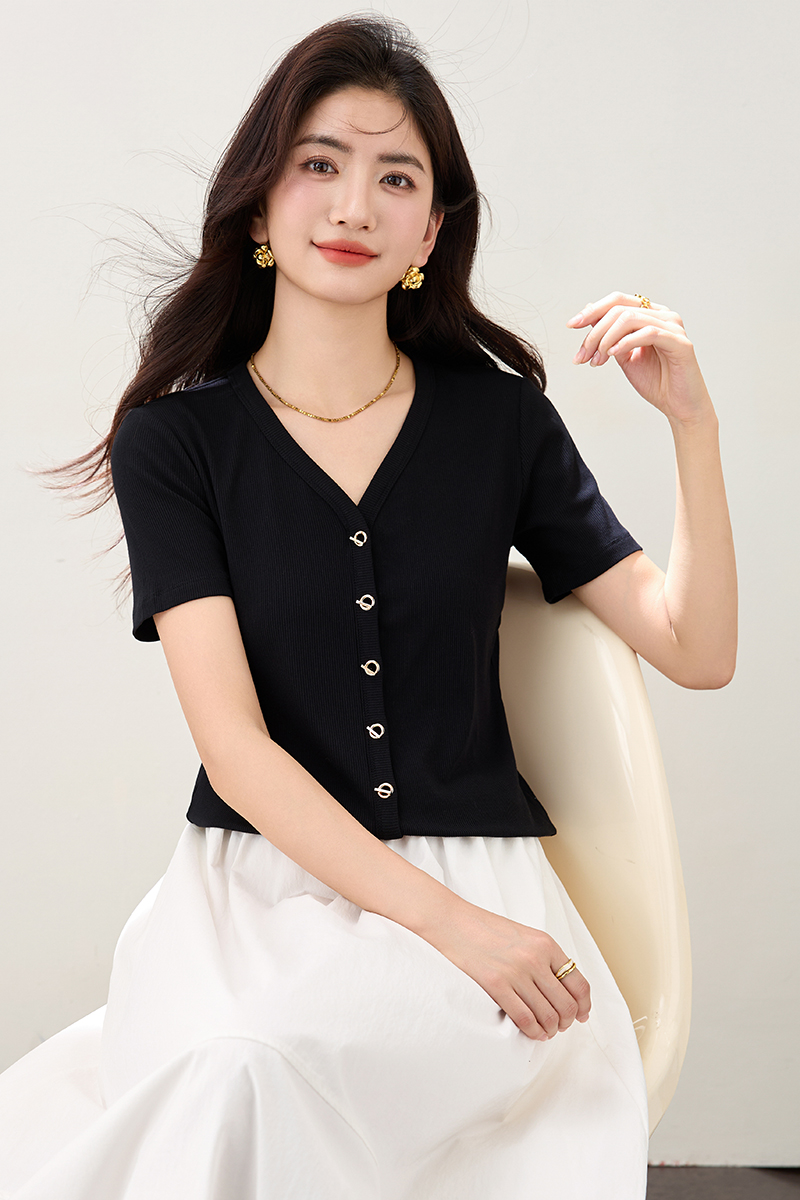 Summer thin T-shirt V-neck black tops for women