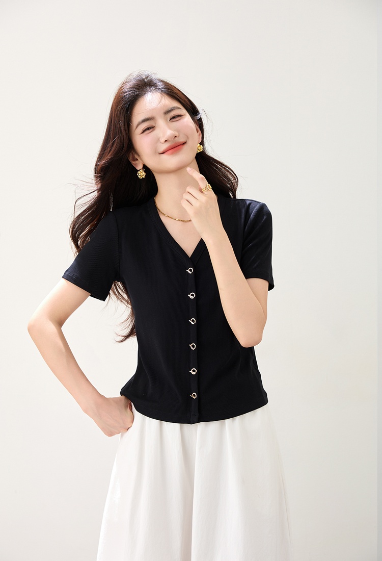Summer thin T-shirt V-neck black tops for women