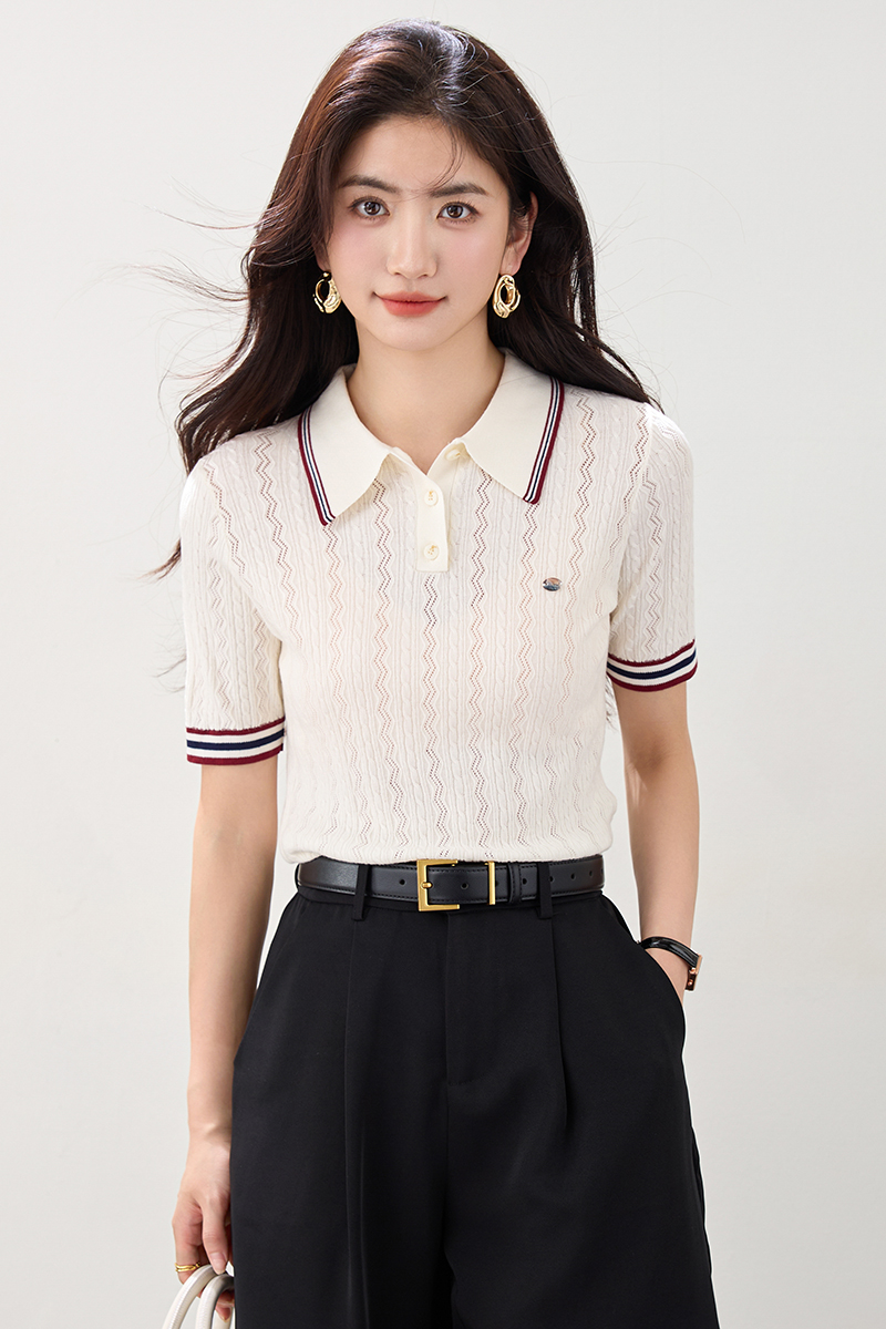 Summer stripe tops knitted short sleeve shirts for women