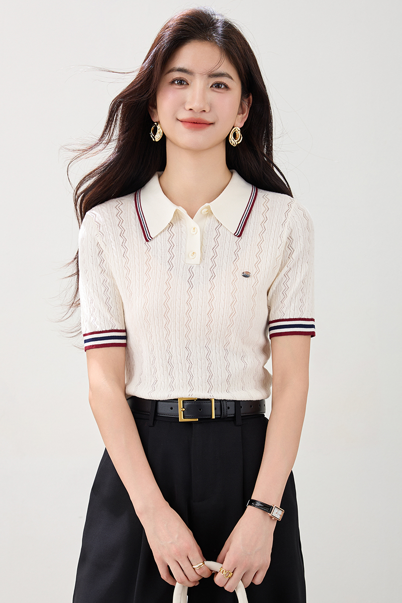 Summer stripe tops knitted short sleeve shirts for women