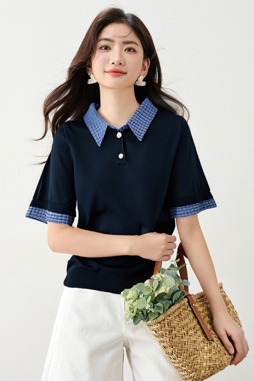 Splice plaid sweater short sleeve T-shirt