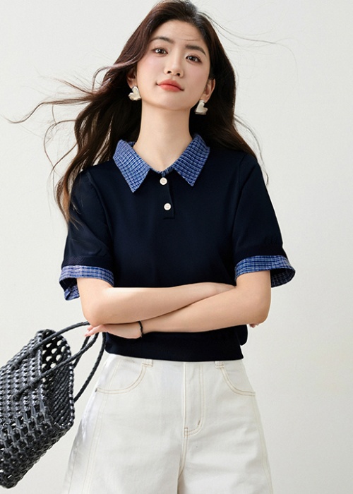 Splice plaid sweater short sleeve T-shirt