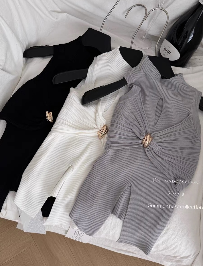 Knitted slim temperament split strapless fold sling tops