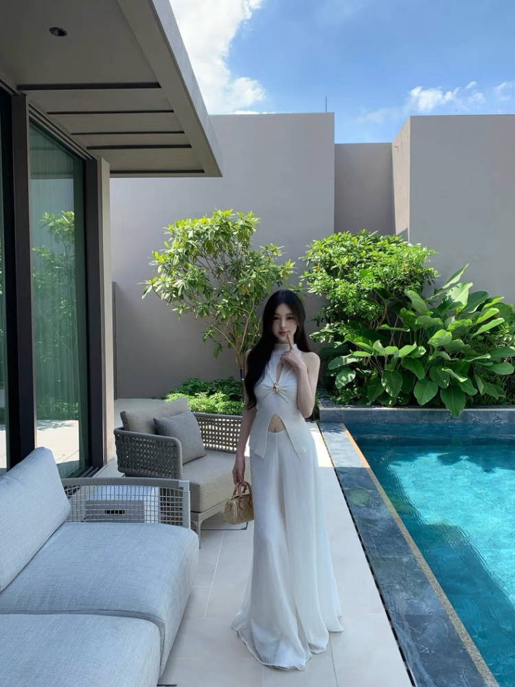 Knitted slim temperament split strapless fold sling tops