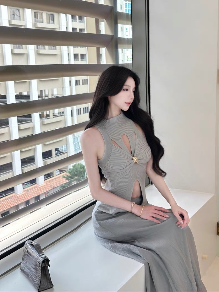 Knitted slim temperament split strapless fold sling tops