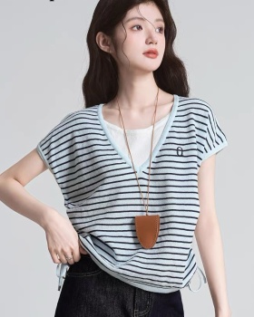 Drawstring short sleeve ice silk stripe short T-shirt