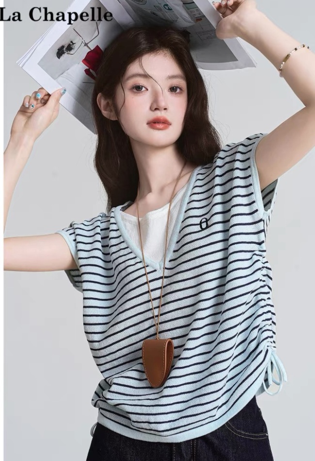 Drawstring short sleeve ice silk stripe short T-shirt