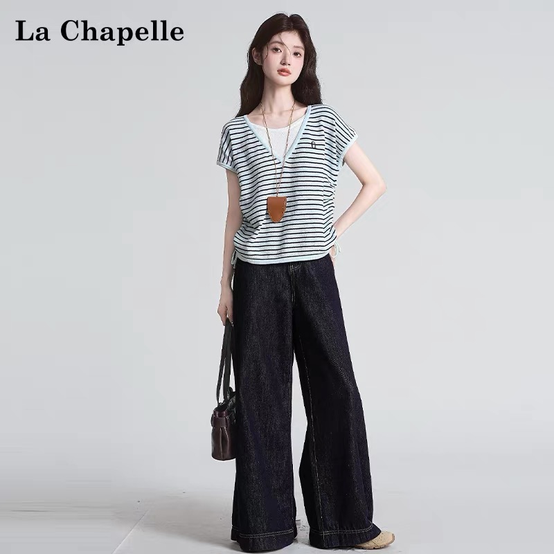 Drawstring short sleeve ice silk stripe short T-shirt