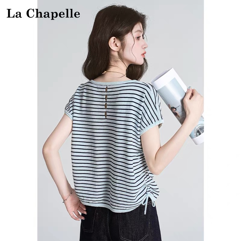 Drawstring short sleeve ice silk stripe short T-shirt
