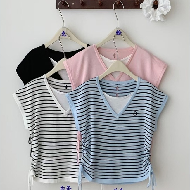 Drawstring short sleeve ice silk stripe short T-shirt