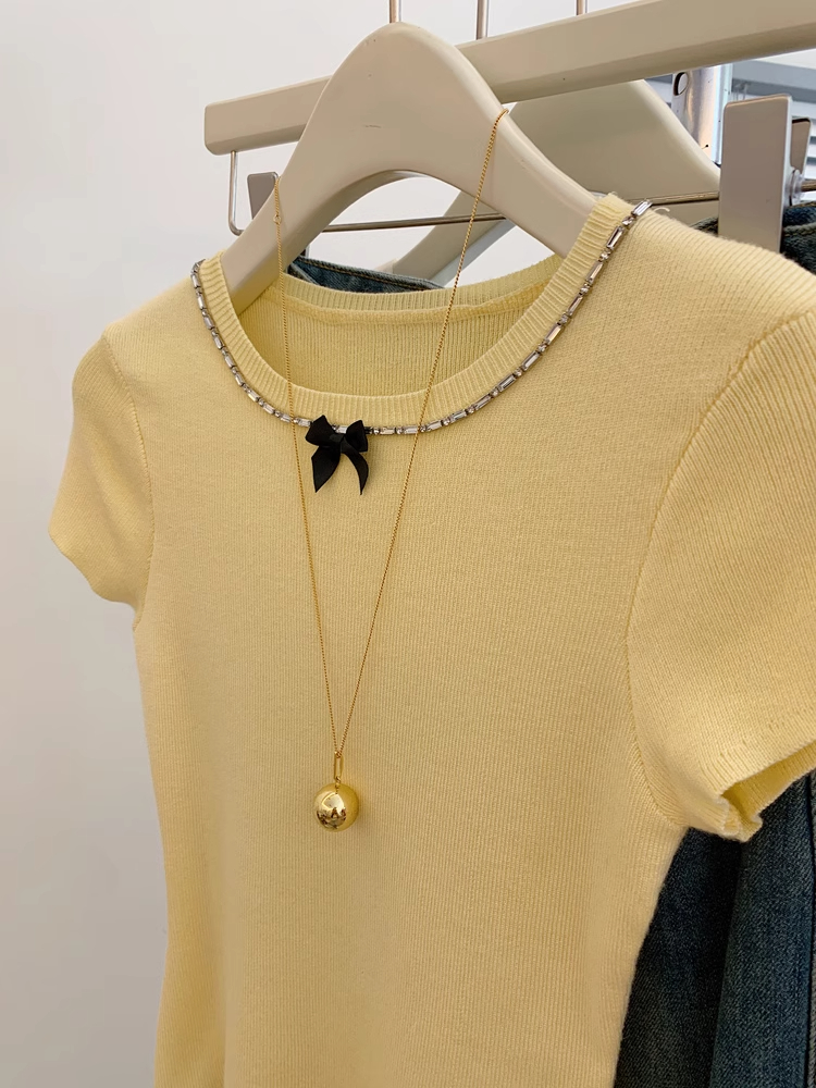 Stitching diamond ice silk tops basis T-shirt for women