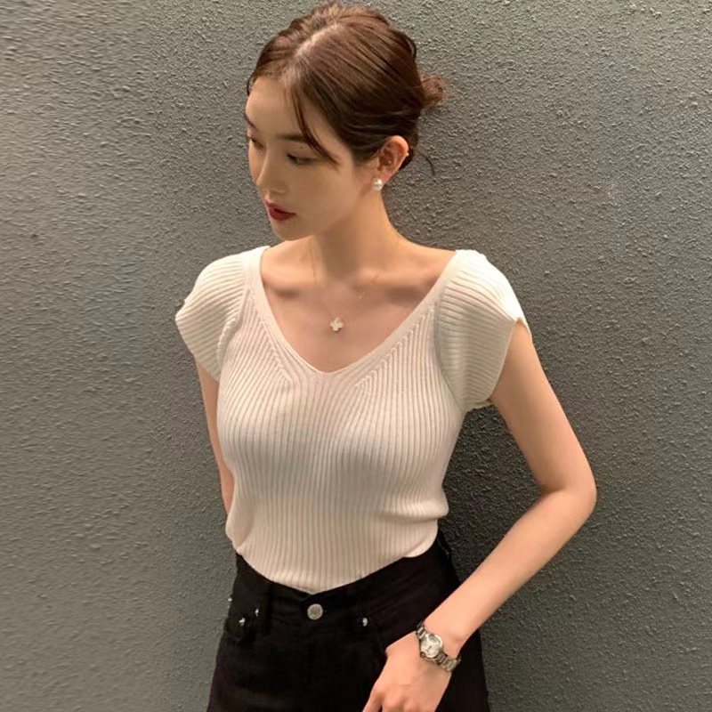 Summer pit stripe slim elegant Korean style sweater for women